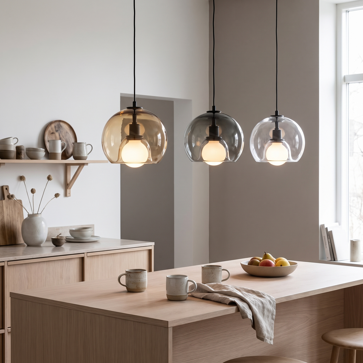 Crest glass dome pendant light above a Scandinavian kitchen island