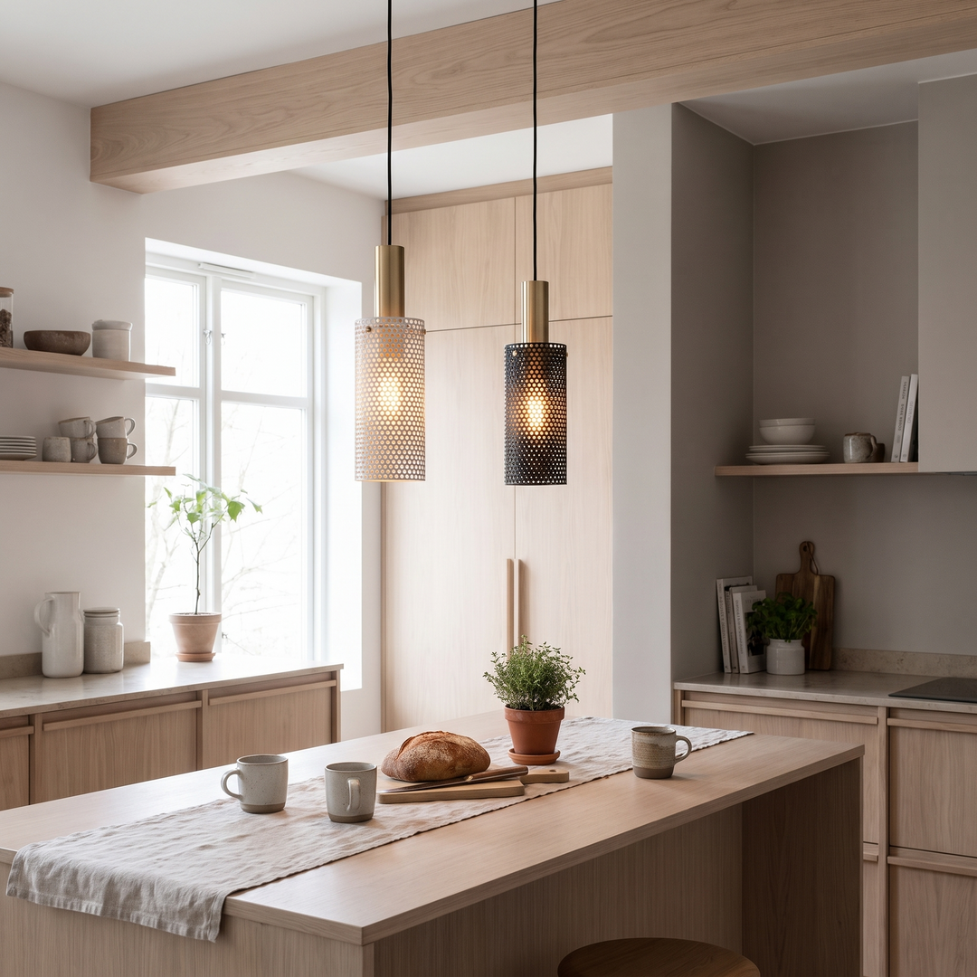 Stem modern pendant light above a Scandinavian kitchen island