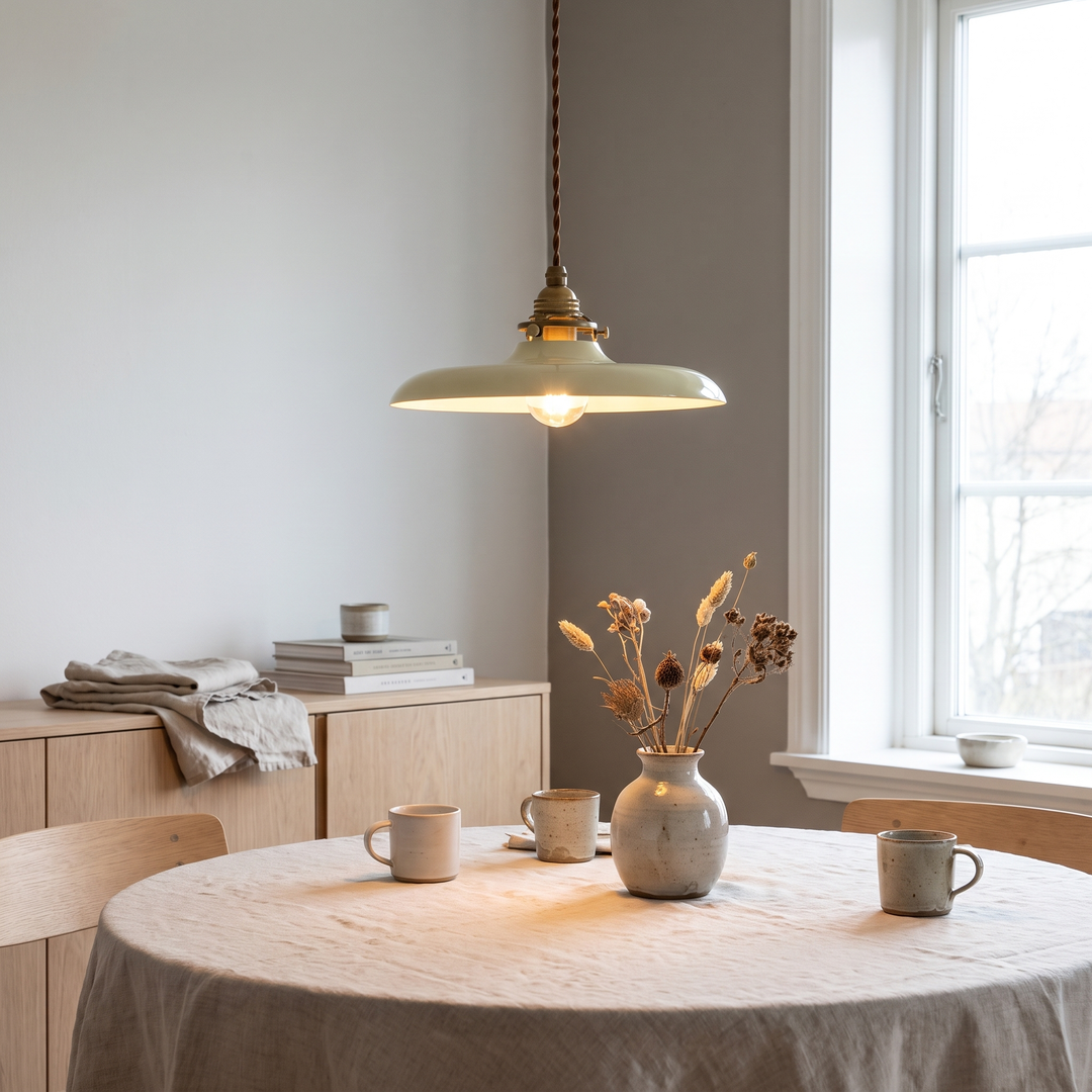 Patina brass bowl pendant light in a Scandinavian interior