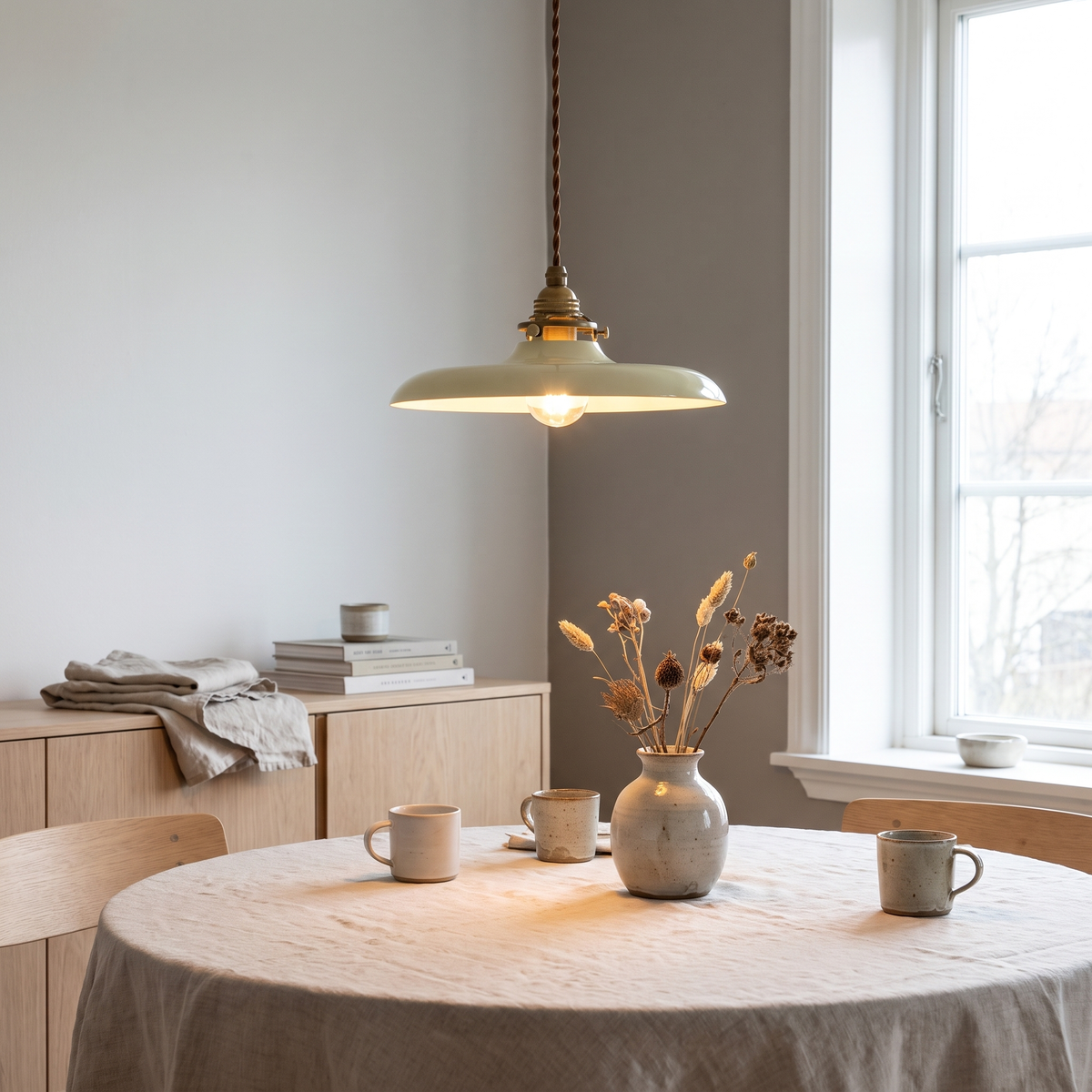 Patina brass bowl pendant light in a Scandinavian interior