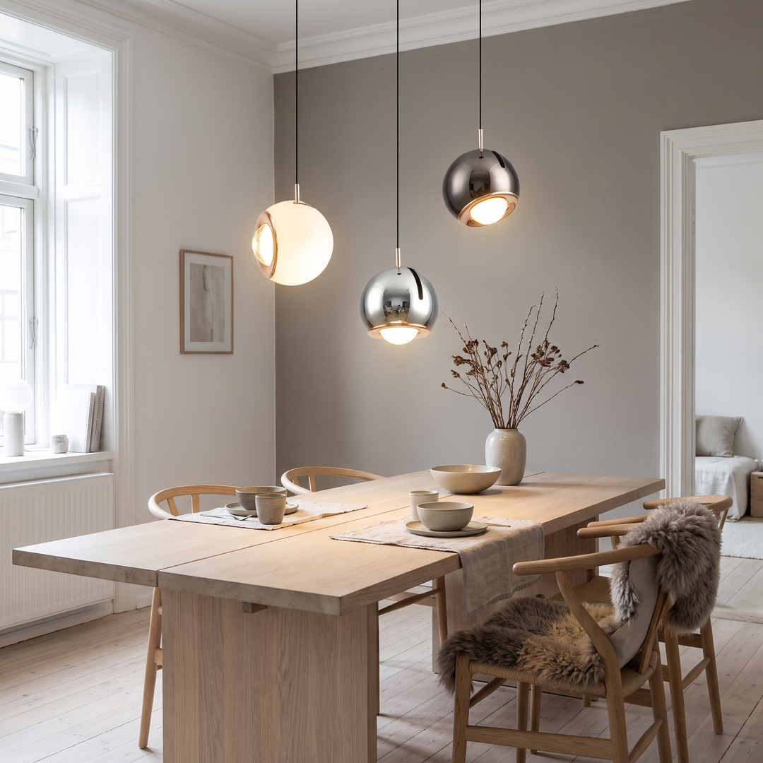 Vector adjustable LED pendant light in a Scandinavian interior