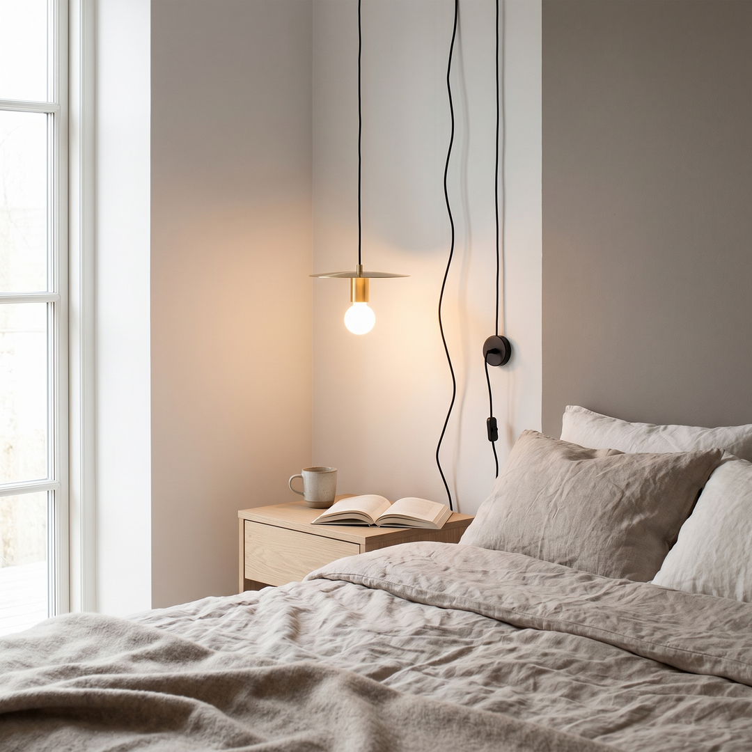 Tether plug-in hanging light in a Scandinavian bedroom
