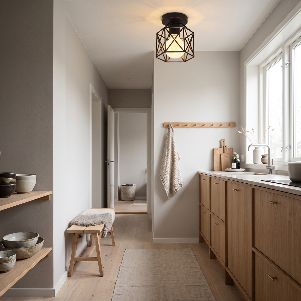 Foundry industrial semi flush mount light in a Scandinavian interior