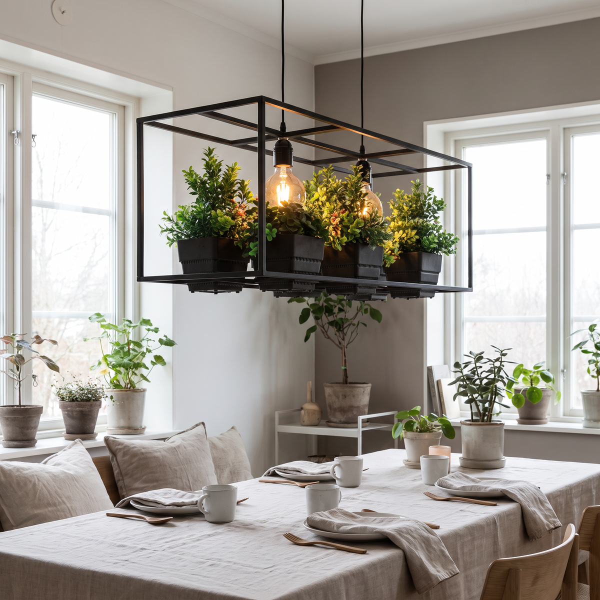 Arbor iron planter chandelier in a Scandinavian interior
