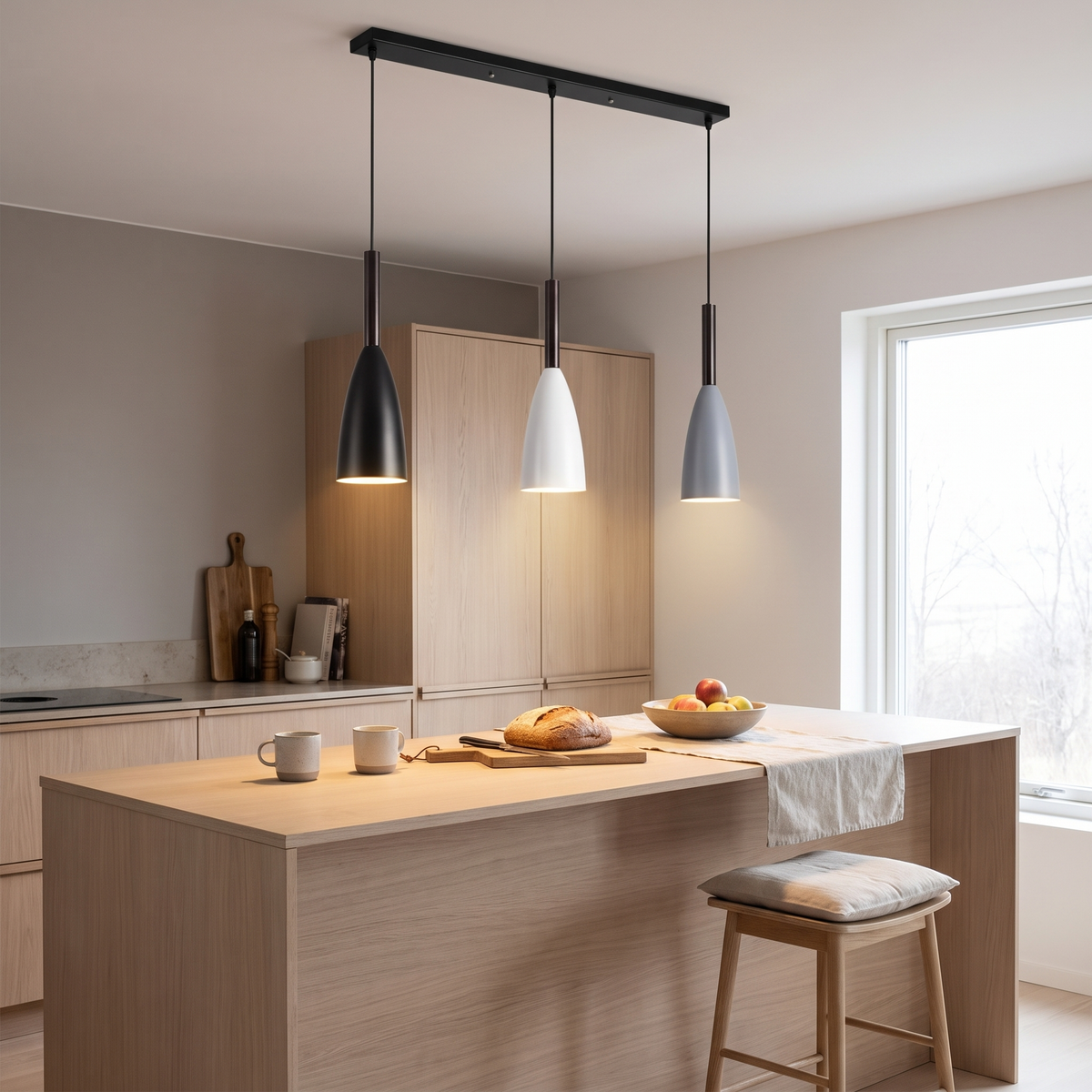 Trio pendant light above a Scandinavian kitchen island