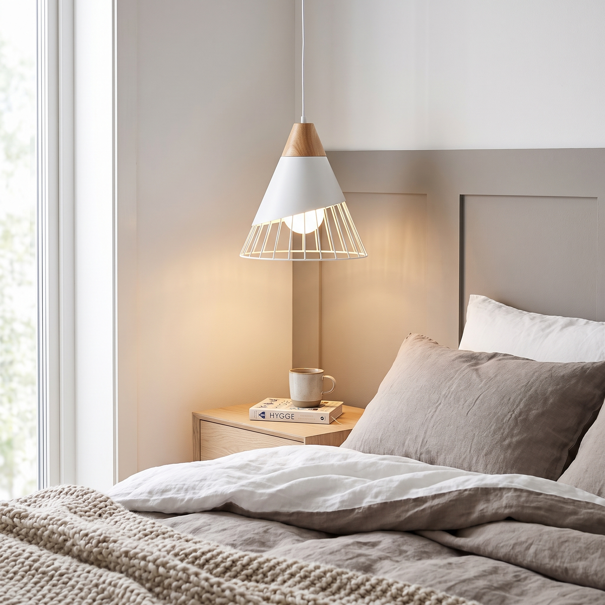 Birch Nordic wood pendant light in a Scandinavian bedroom
