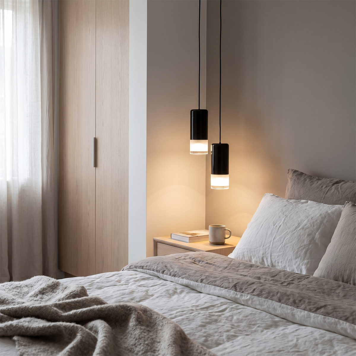 Strand plug-in hanging light in a Scandinavian bedroom