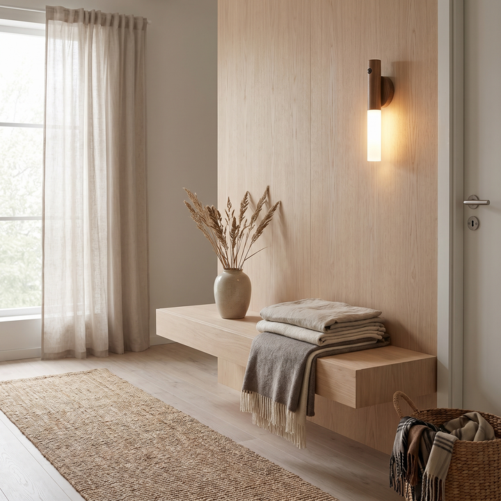 Cedar rechargeable wooden wall sconce in a Scandinavian interior
