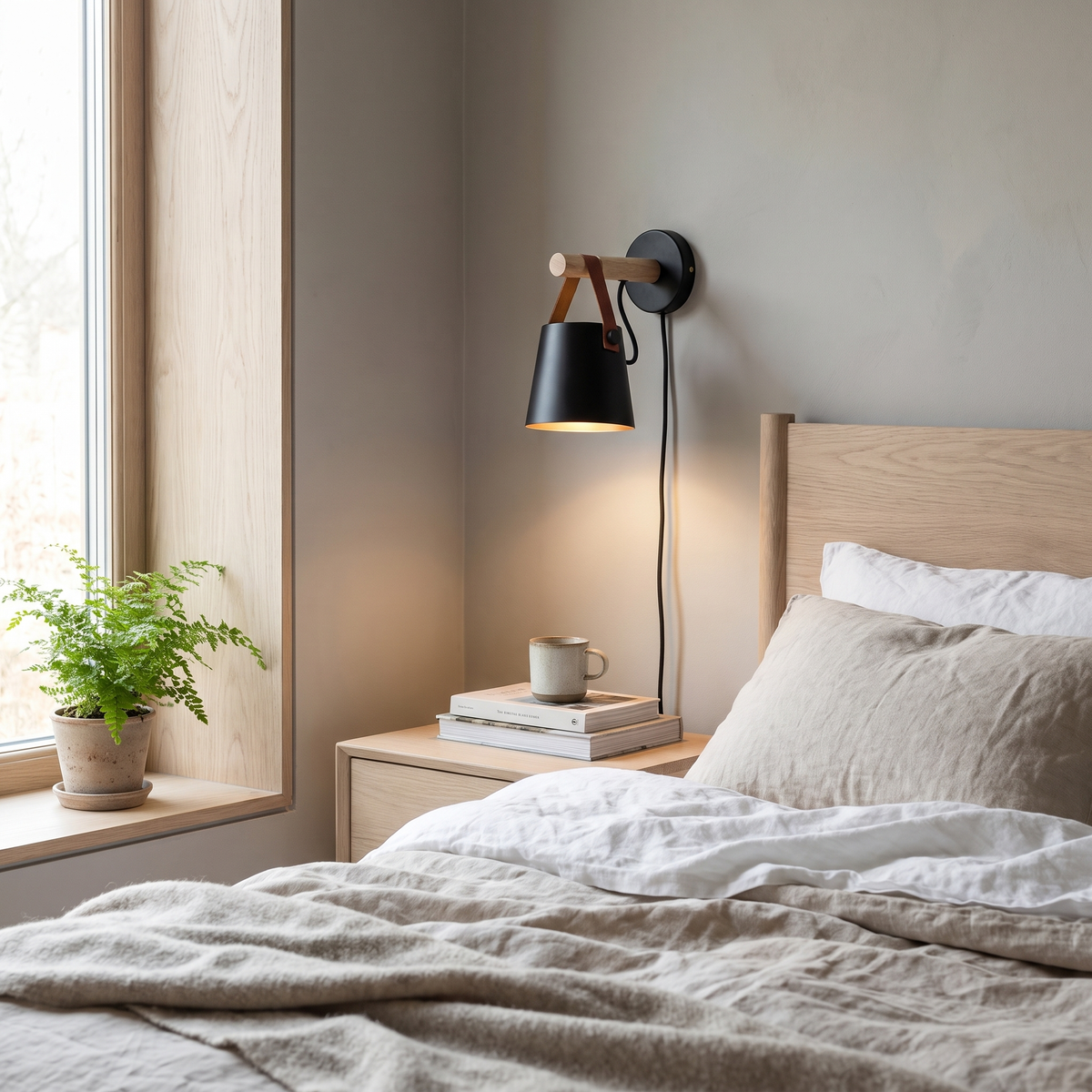 Ash Nordic wooden wall light in a Scandinavian bedroom