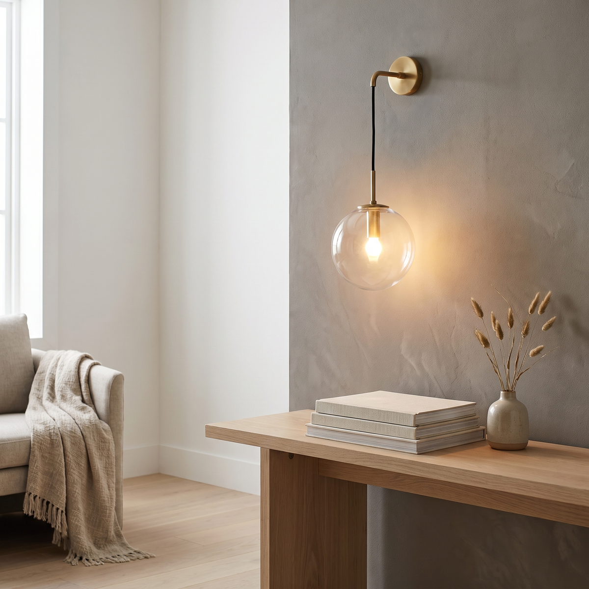 Lens clear glass wall sconce in a Scandinavian interior