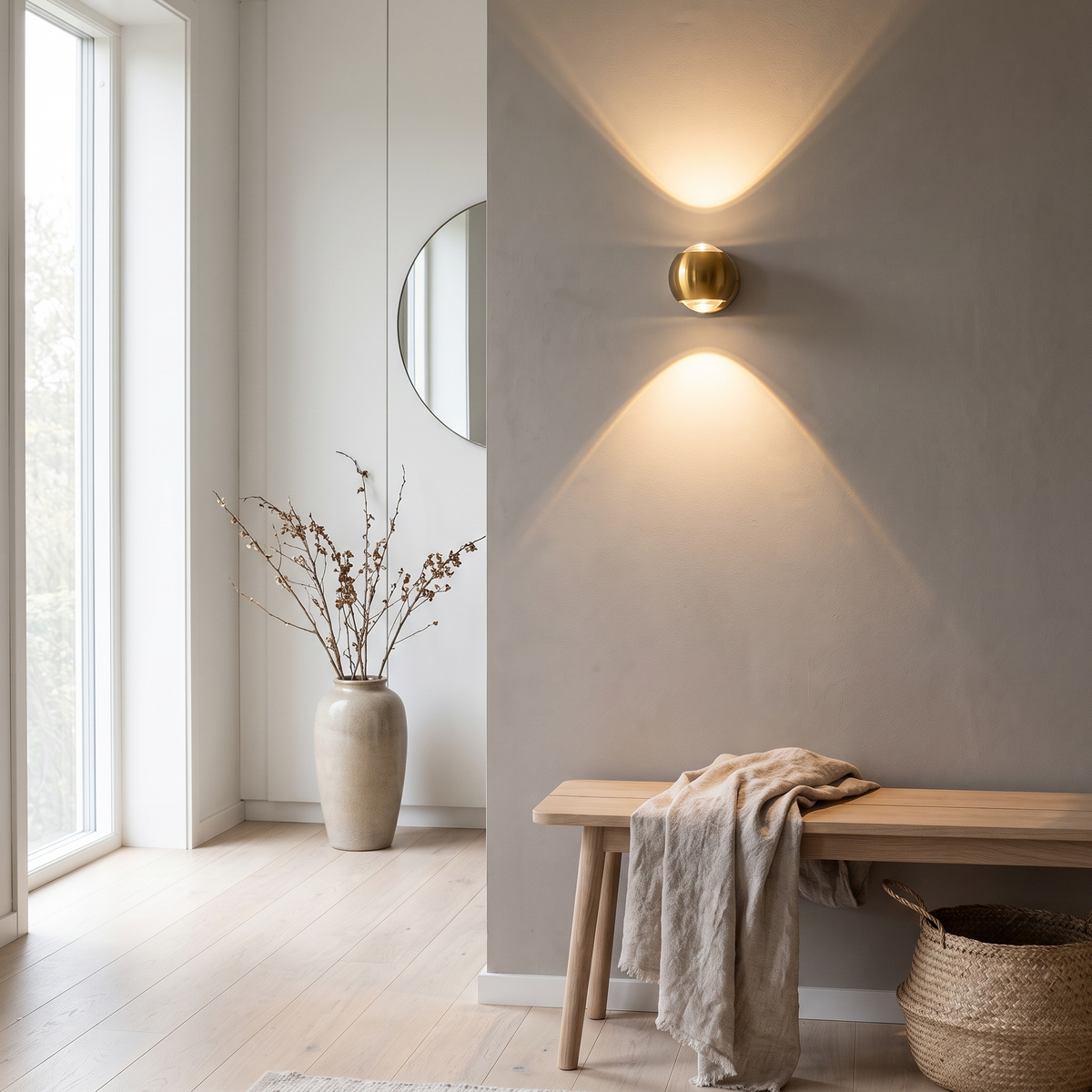 Ingot brass LED wall lamp in a Scandinavian entry hall