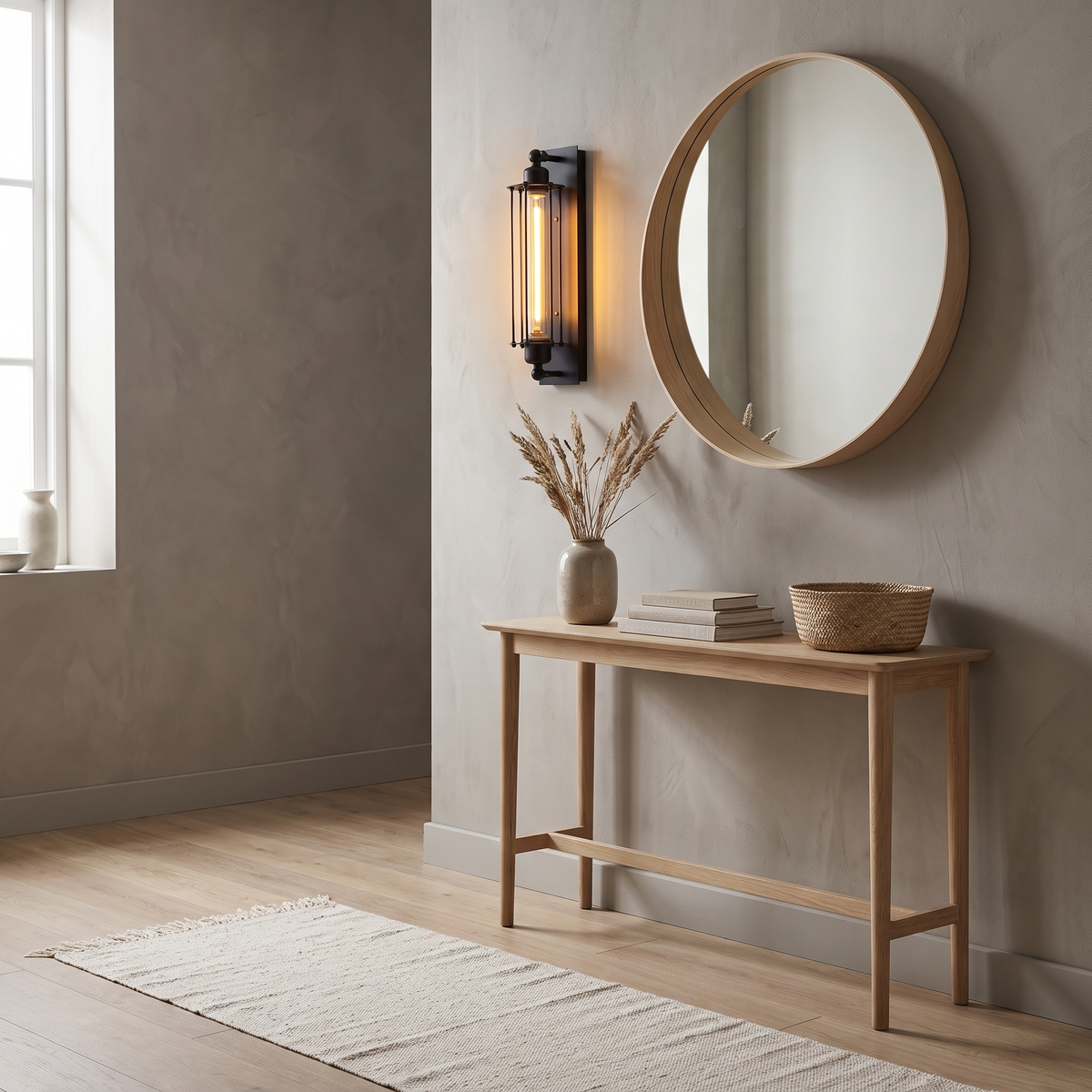 Rail industrial vintage wall lamp in a Scandinavian hallway