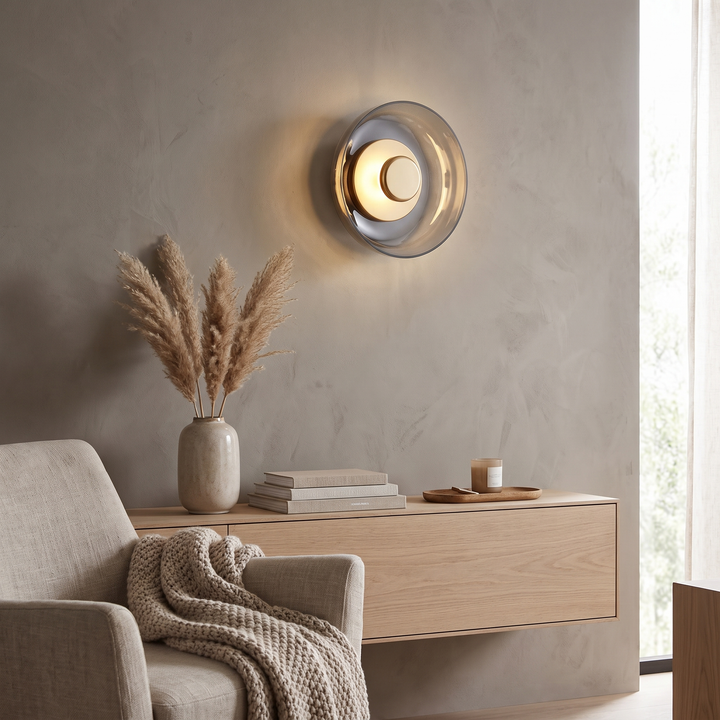 Eclipse glass LED wall light in a Scandinavian interior