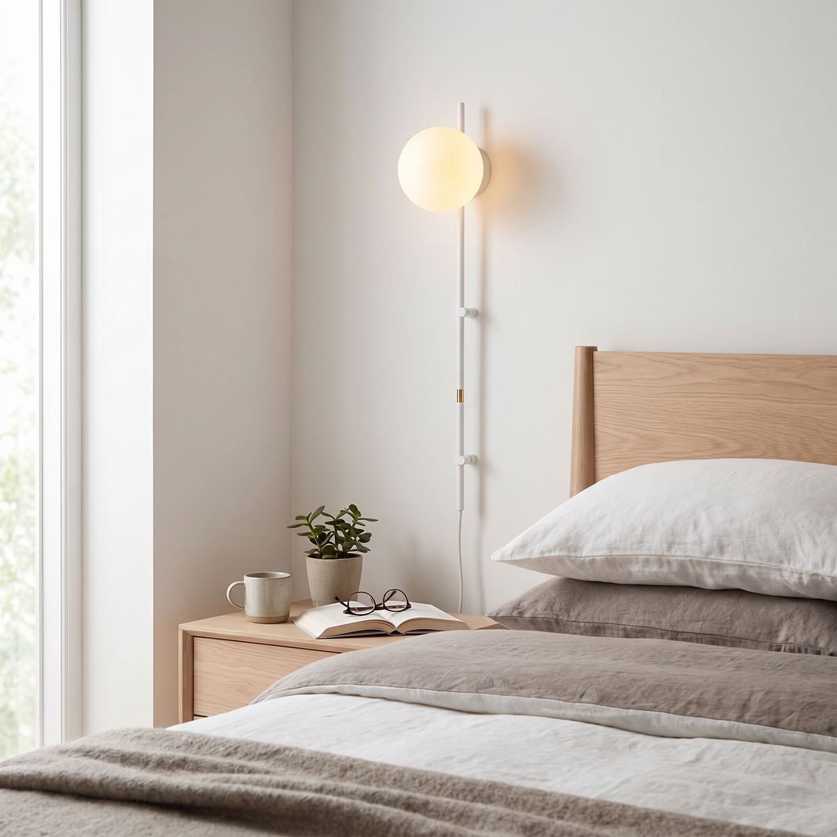 Wick Nordic plug-in wall lamp in a Scandinavian bedroom