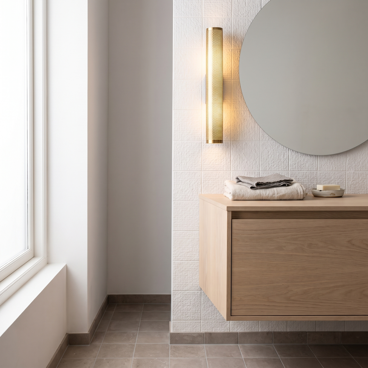 Gild gold vanity wall light in a Scandinavian washroom