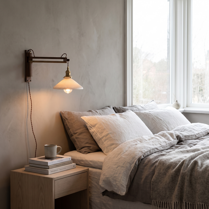 Olive wood and ceramic wall light in a Scandinavian bedroom