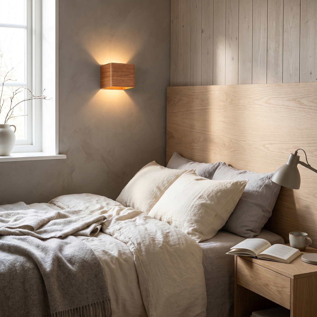 Pine faux wood wall light in a Scandinavian bedroom