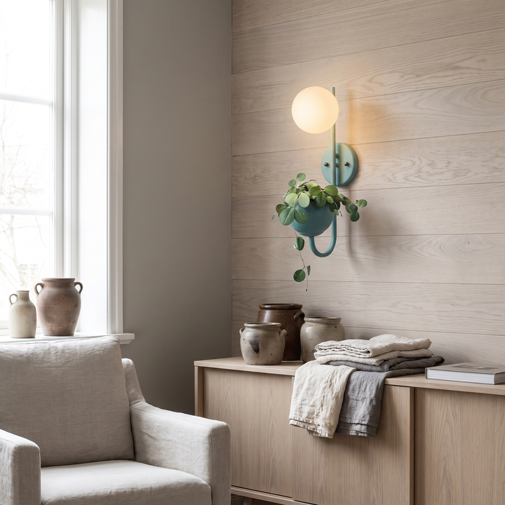 Moss planter wall sconce in a Scandinavian interior