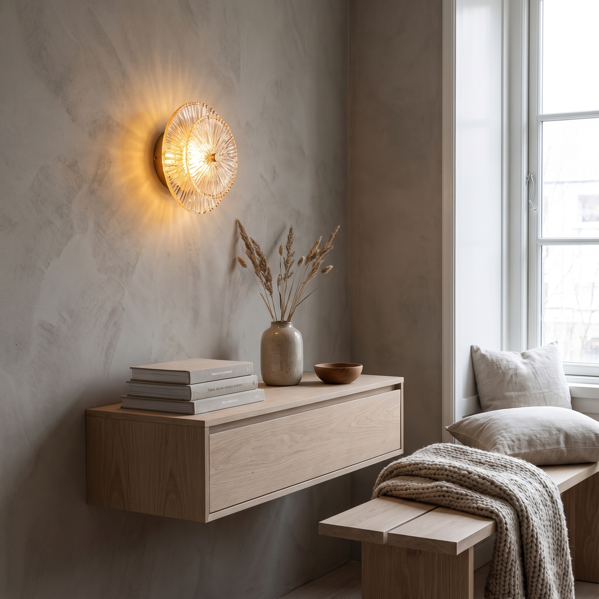 Lustre copper and glass wall sconce in a Scandinavian interior