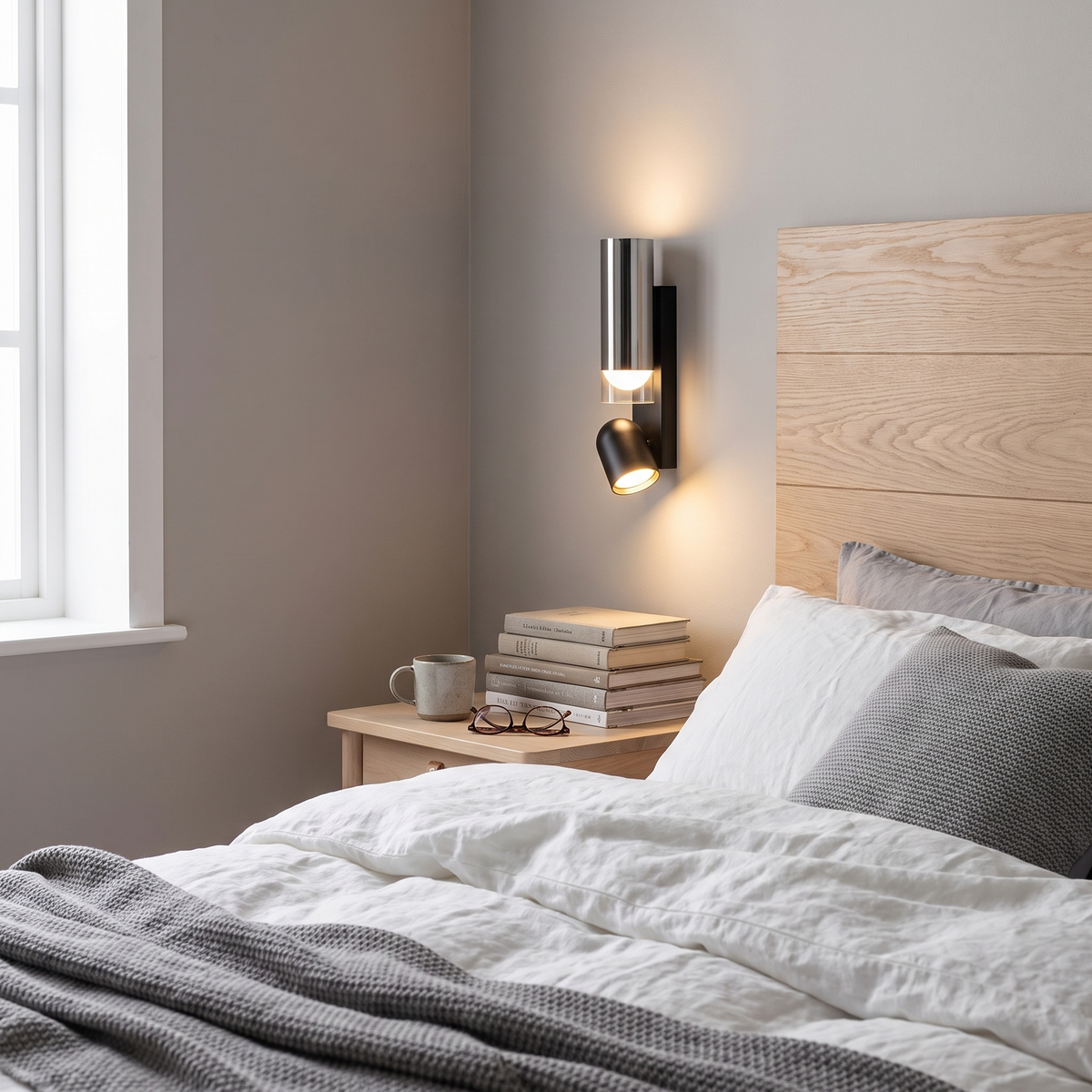Twin bedroom wall reading lamp in a Scandinavian bedroom