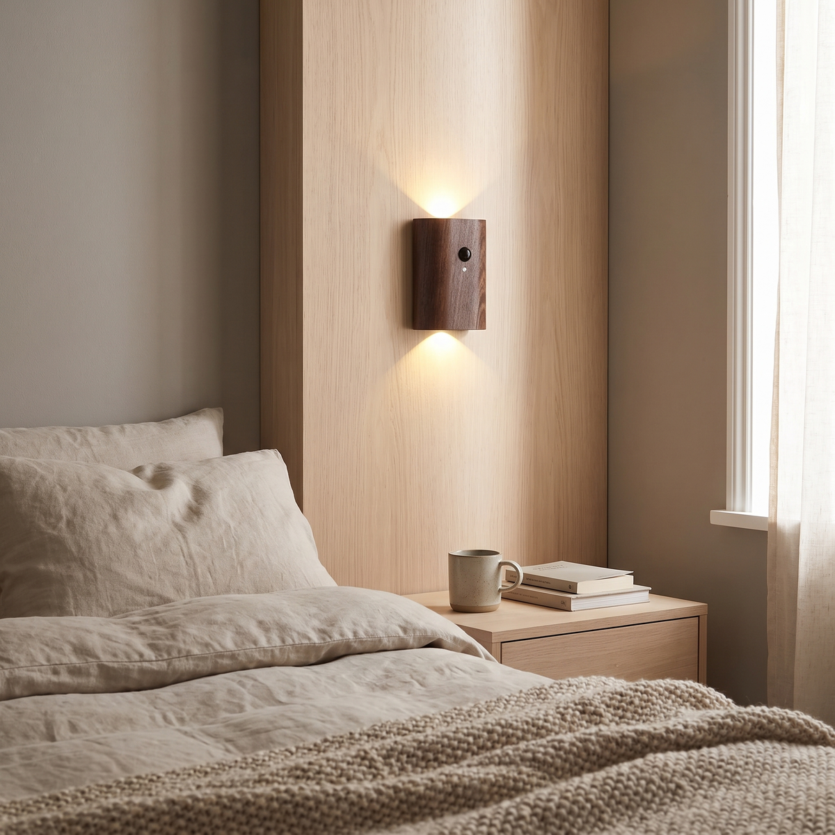 Beech motion sensor wall sconce in a Scandinavian interior