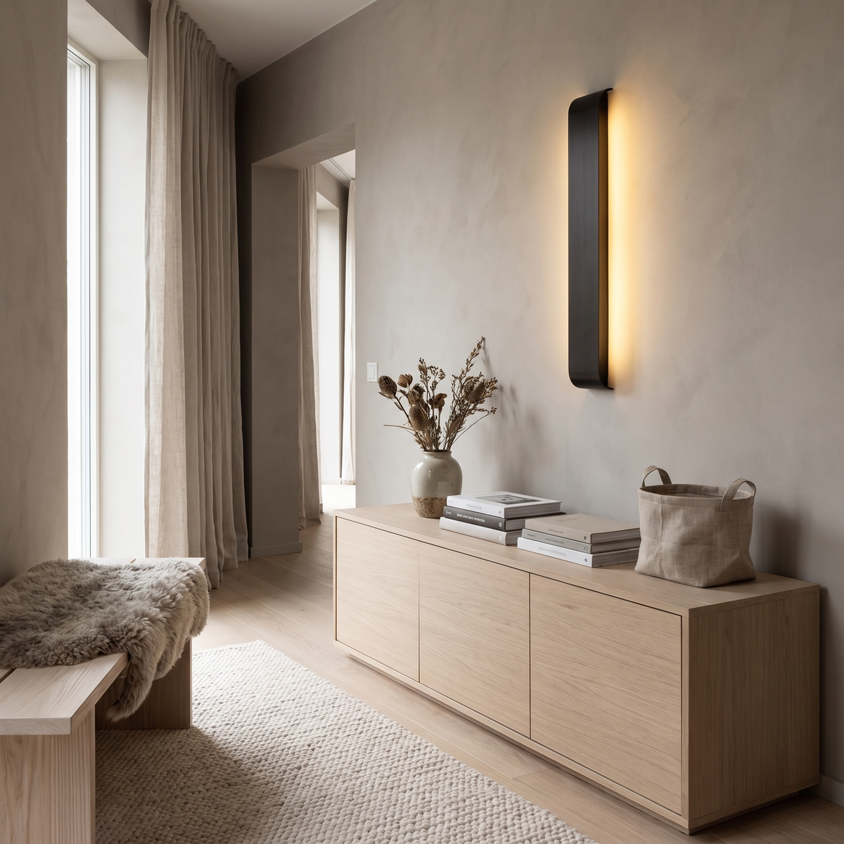 Batten metal uplight wall sconce in a Scandinavian interior