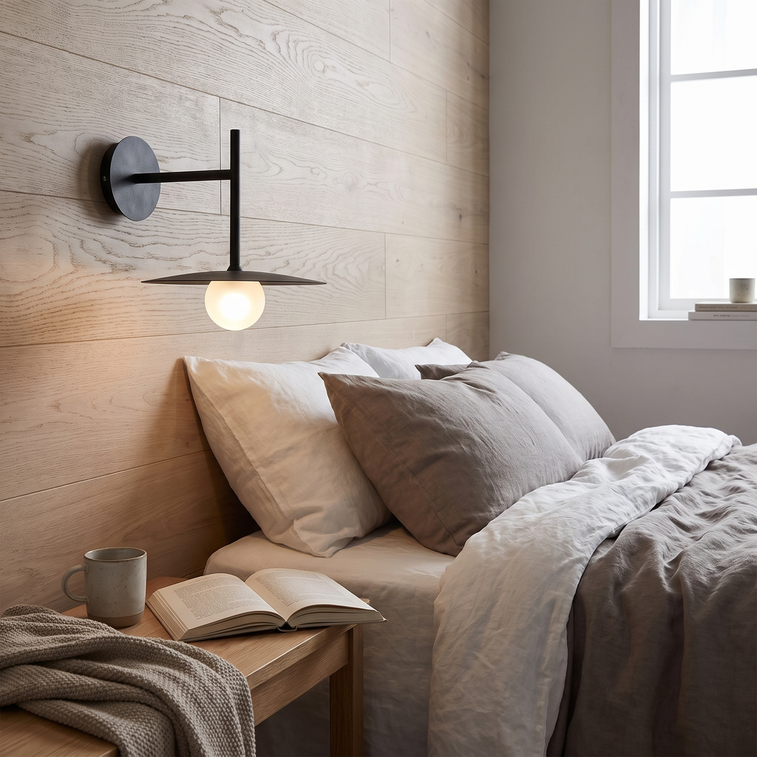 Ledge bedside wall light in a Scandinavian bedroom