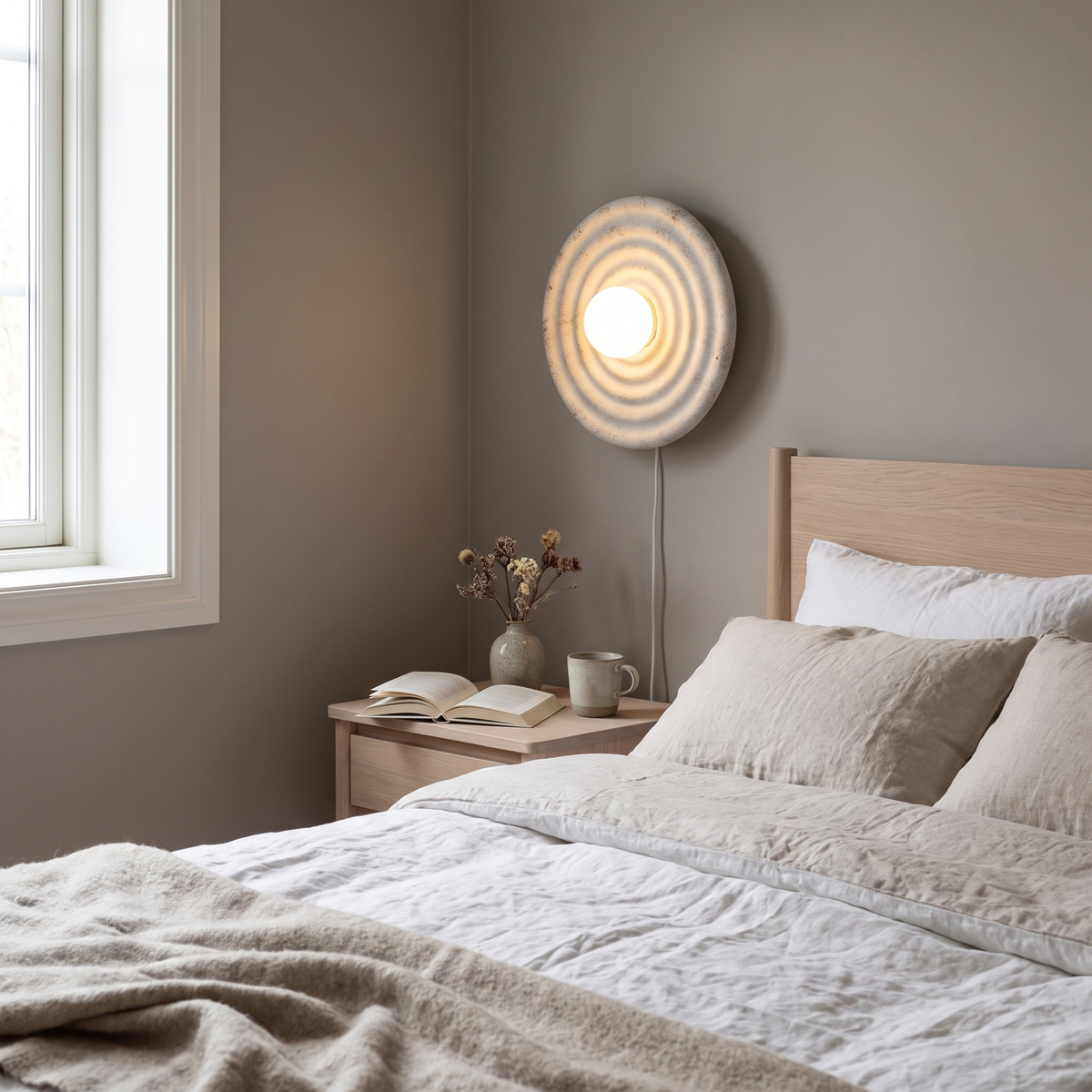 Moon round wall lamp in a Scandinavian bedroom