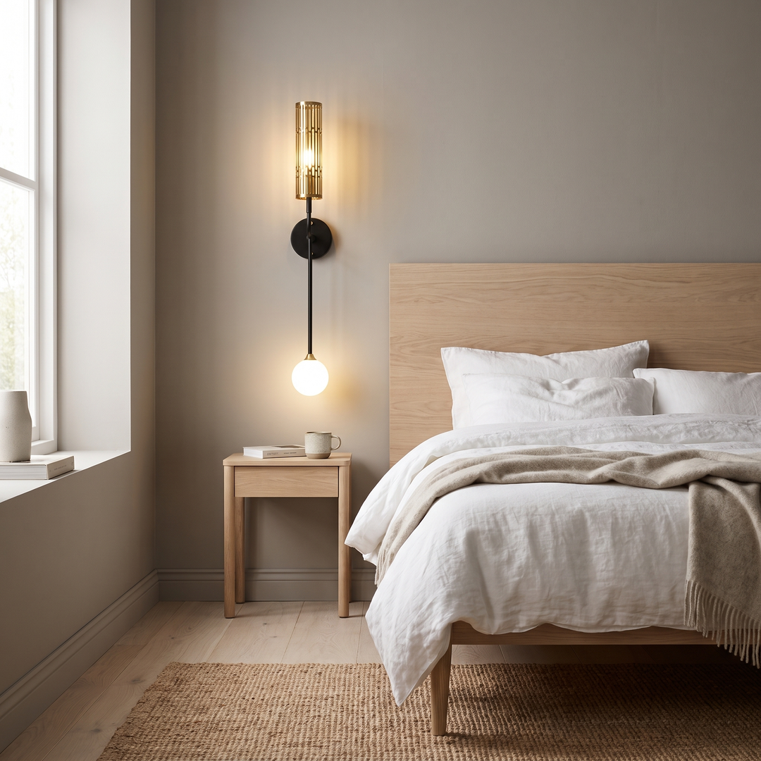 Comet twin globe LED wall light in a Scandinavian interior