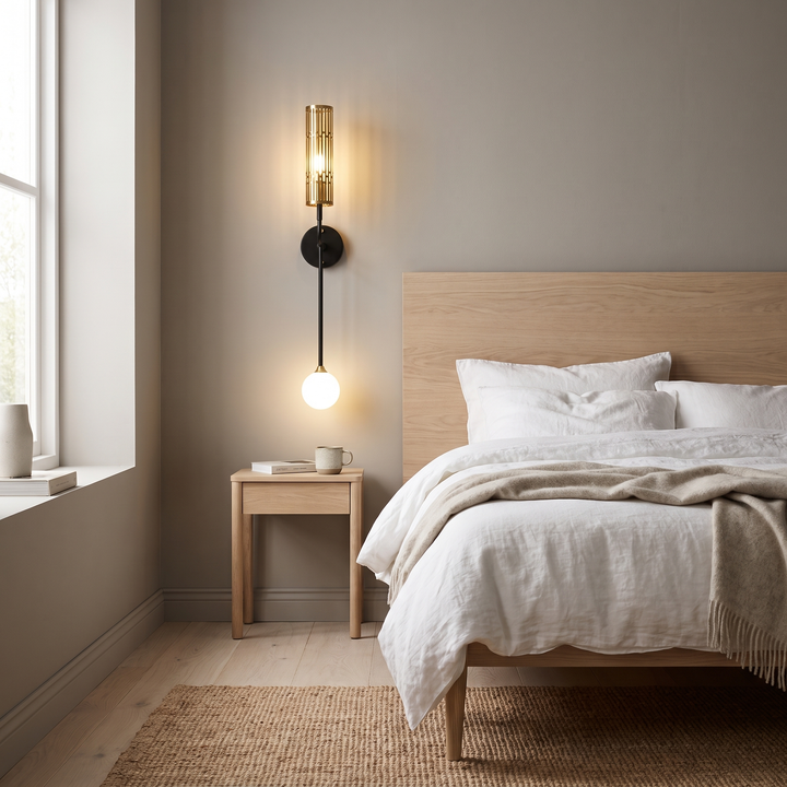 Comet twin globe LED wall light in a Scandinavian interior