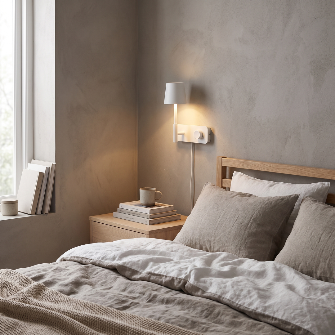 Crescent plug-in bedroom wall light in a Scandinavian bedroom