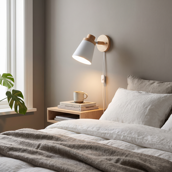 Dove white plug-in wall sconce in a Scandinavian bedroom