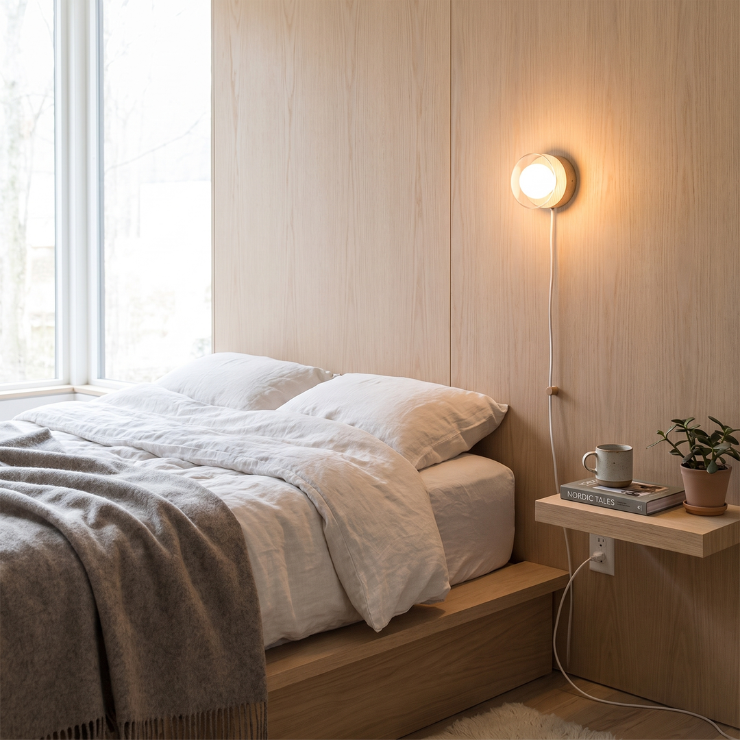 Maple wood plug-in wall sconce in a Scandinavian bedroom
