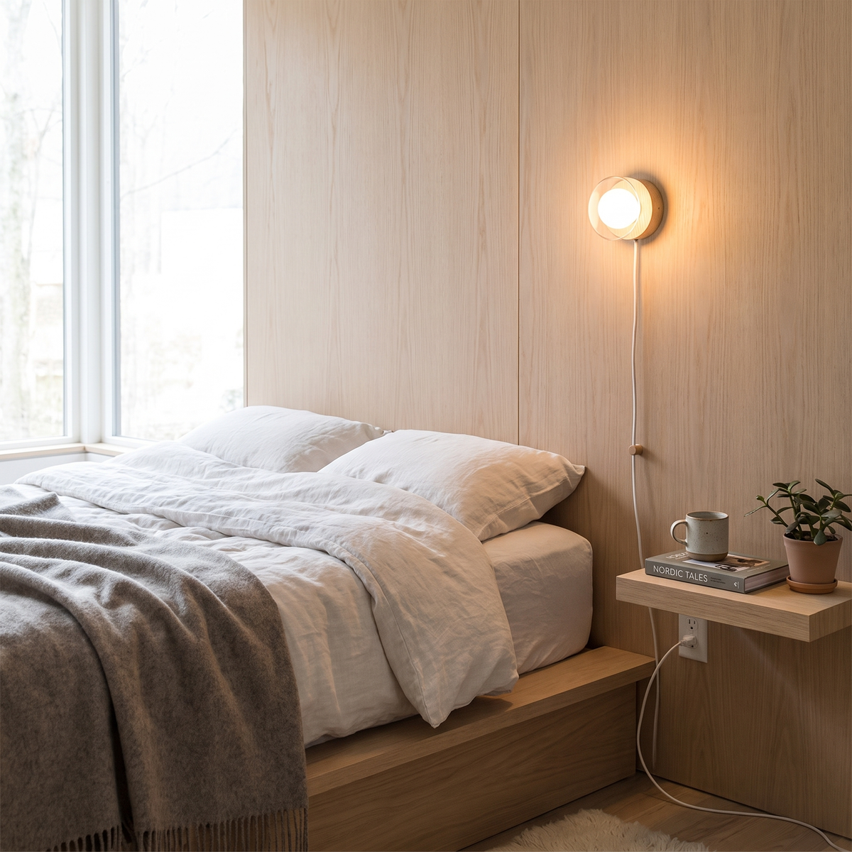 Maple wood plug-in wall sconce in a Scandinavian bedroom