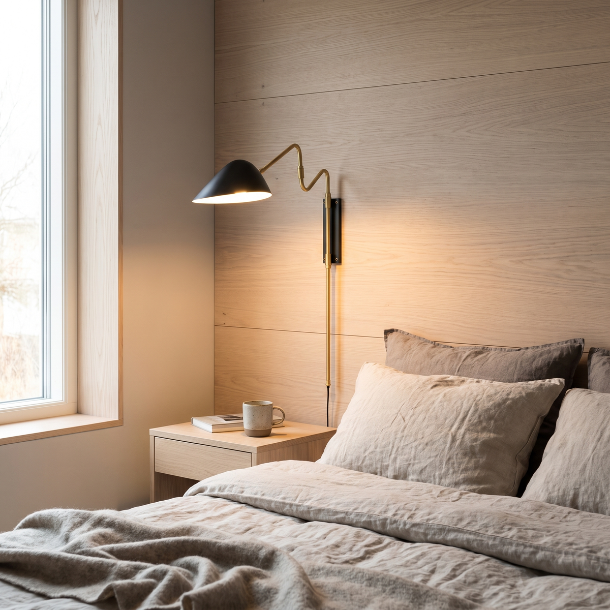 Sable black and gold wall sconce in a Scandinavian interior