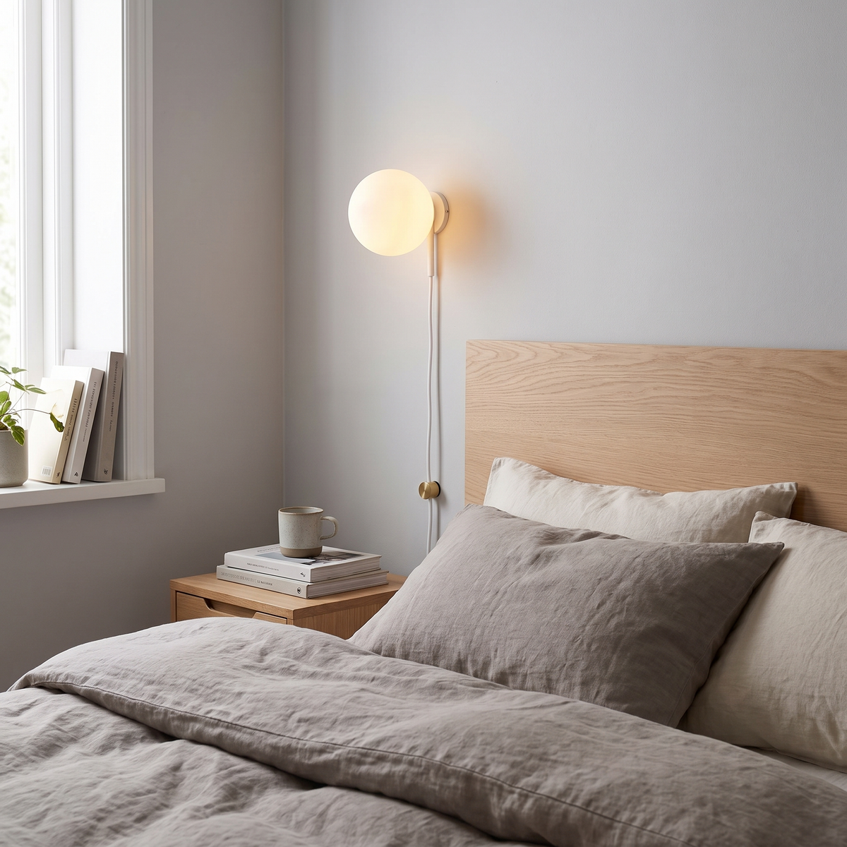 Sphere frosted glass ball wall lamp in a Scandinavian bedroom