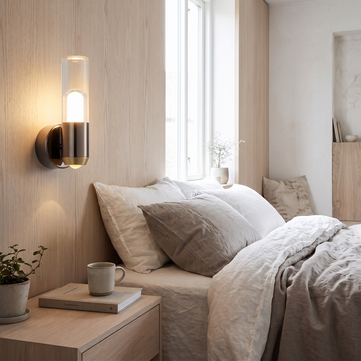 Swivel rotatable bedside wall light in a Scandinavian bedroom