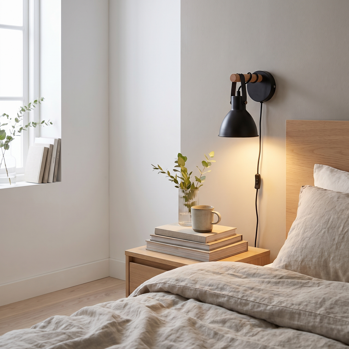 Hinge industrial plug-in wall sconce in a Scandinavian interior