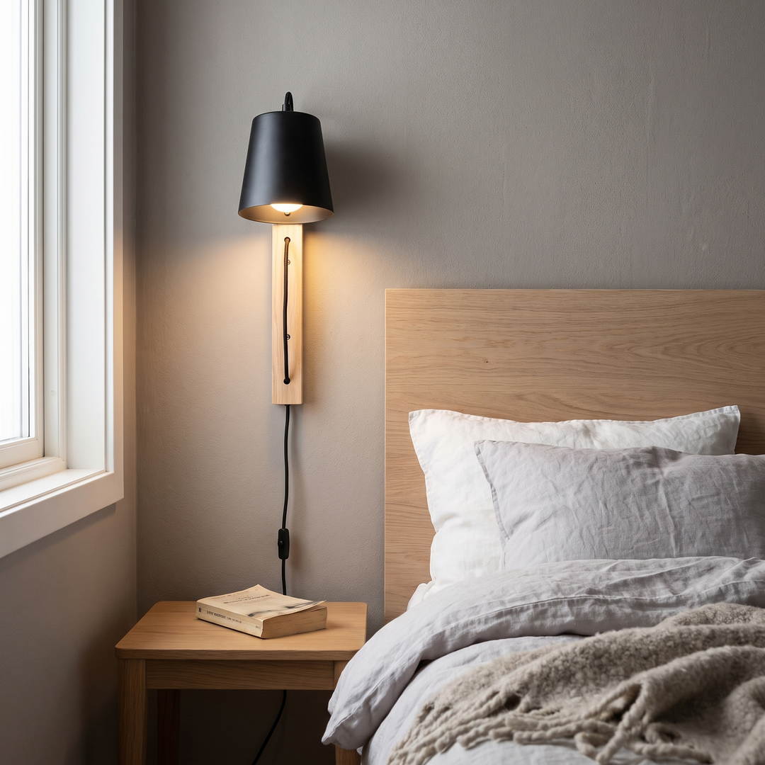 Ebony wood plug-in wall sconce in a Scandinavian bedroom