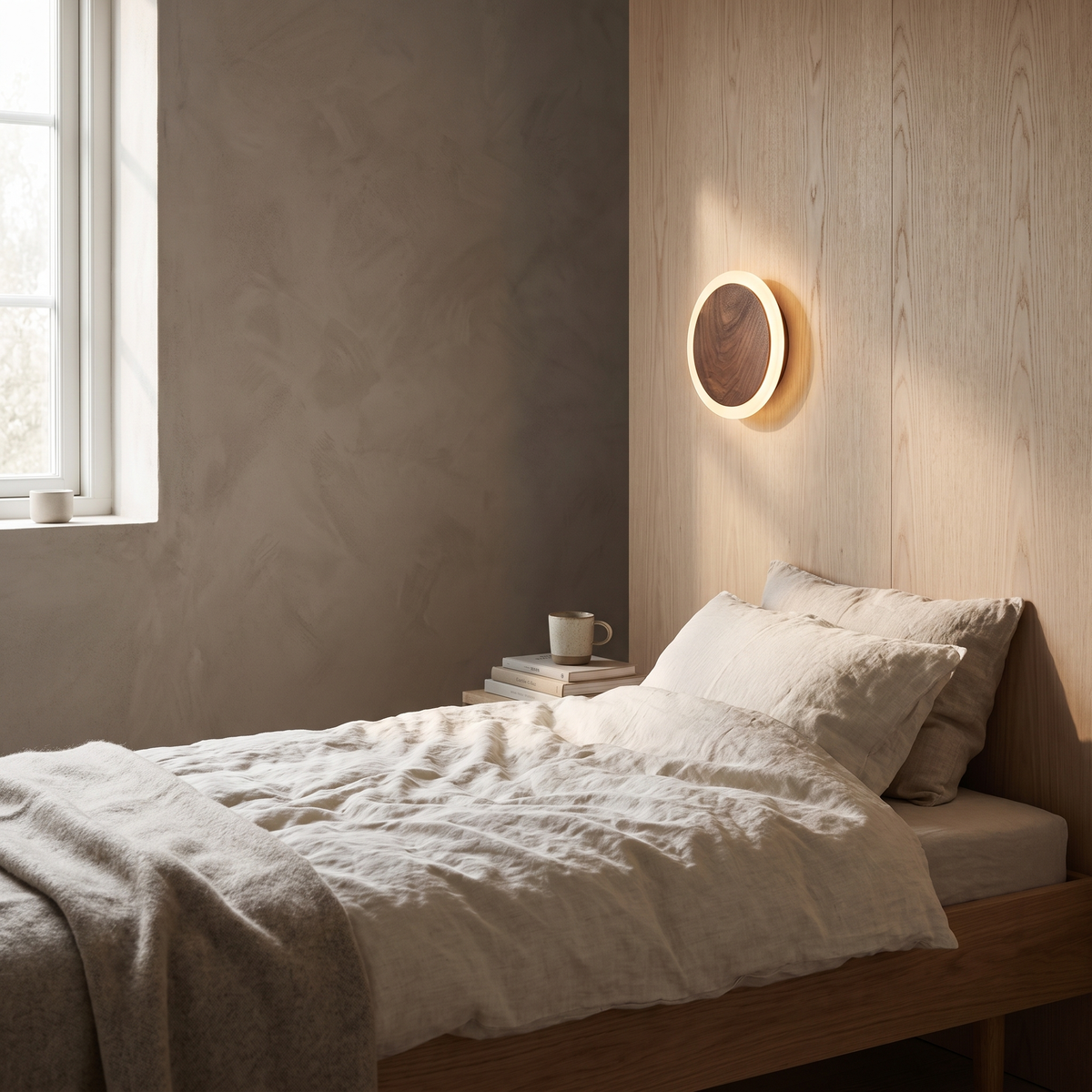 Nimbus walnut LED wall light in a Scandinavian interior