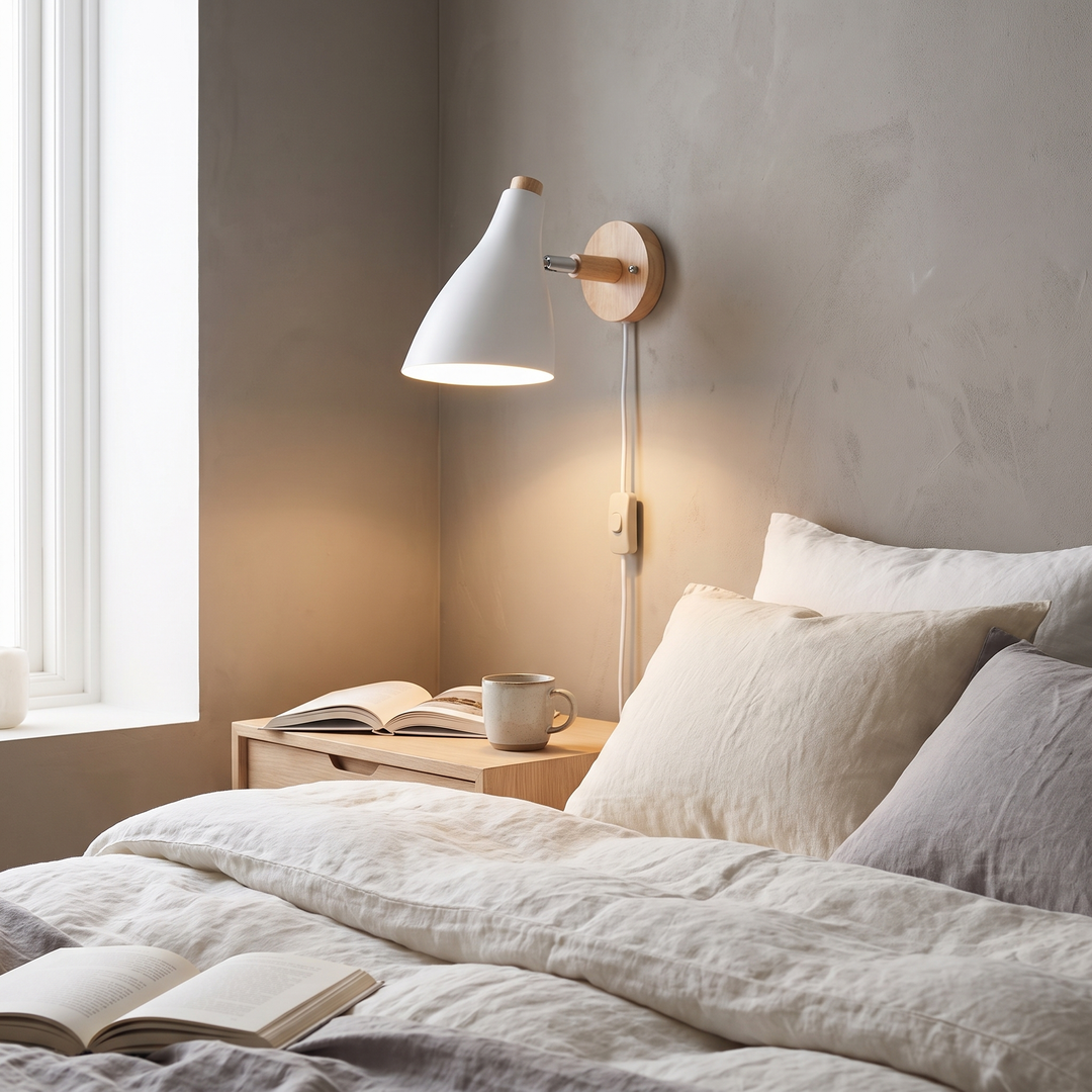 Willow wood plug-in wall sconce in a Scandinavian bedroom