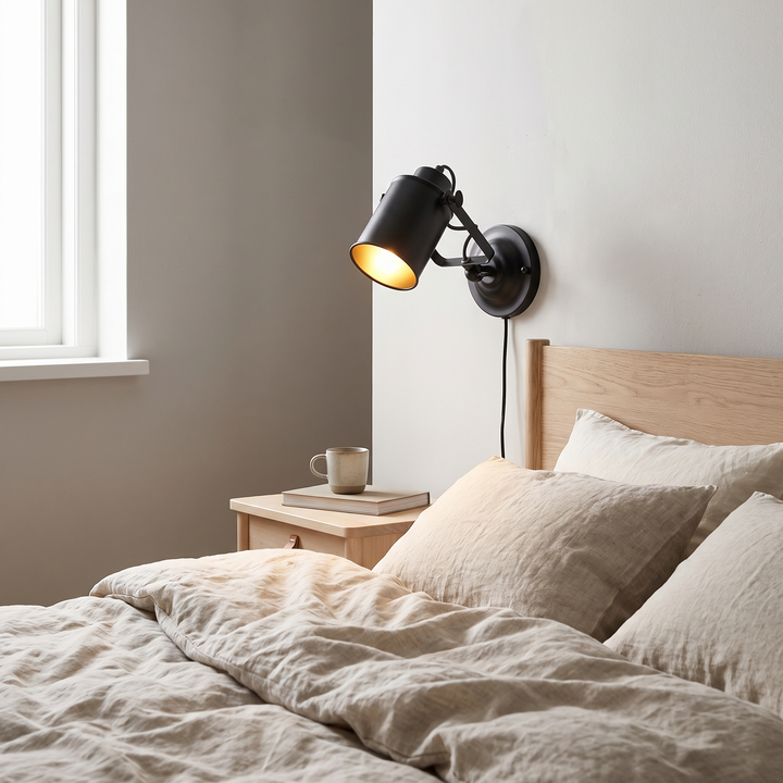Cage industrial plug-in wall sconce in a Scandinavian interior