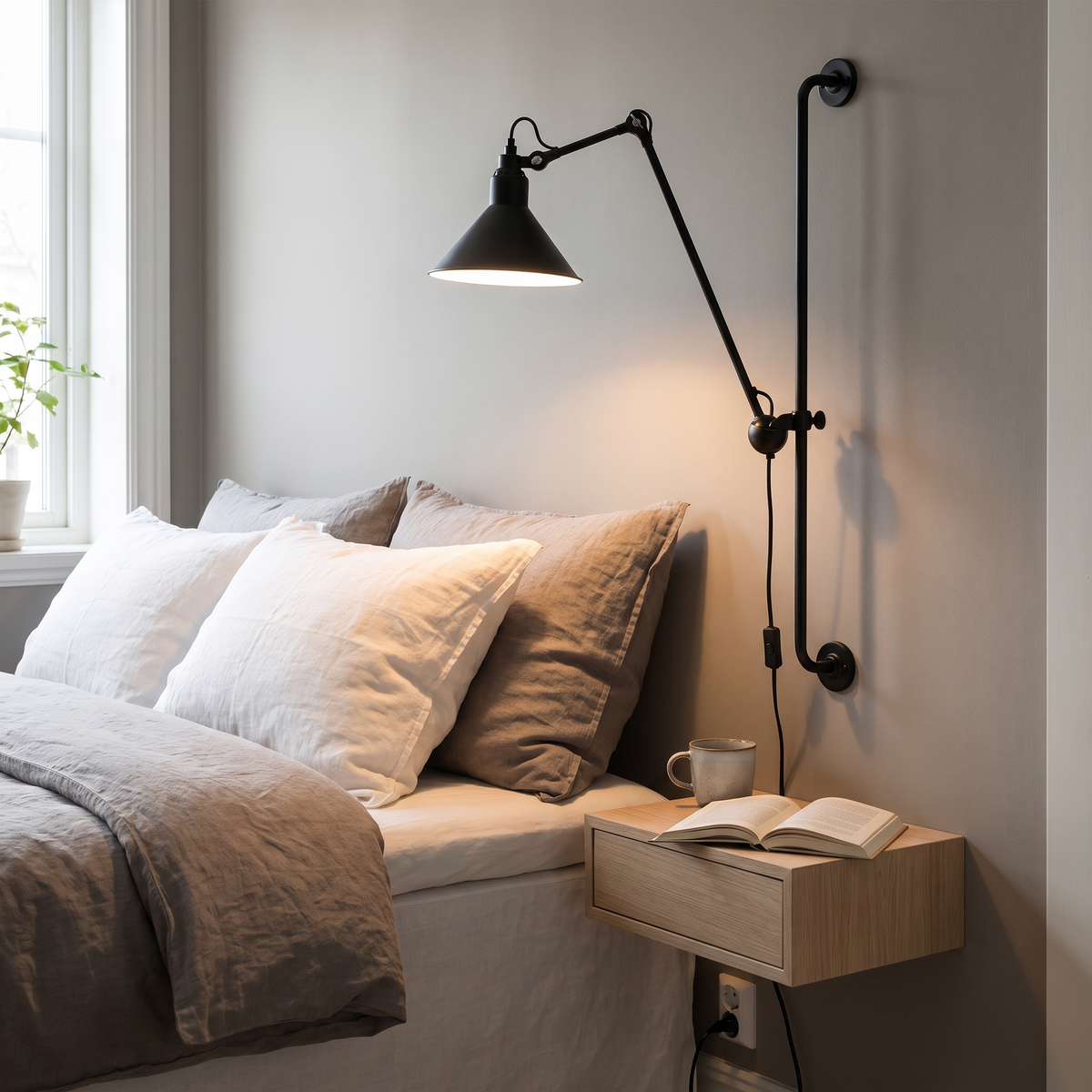 Cinder industrial plug-in wall sconce in a Scandinavian interior