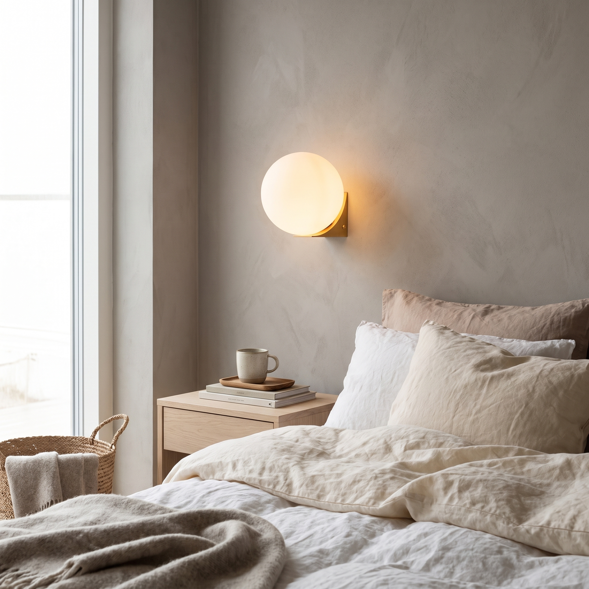 Orb glass LED bedside wall sconce in a Scandinavian bedroom
