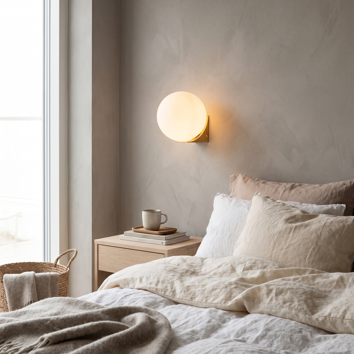Orb glass LED bedside wall sconce in a Scandinavian bedroom