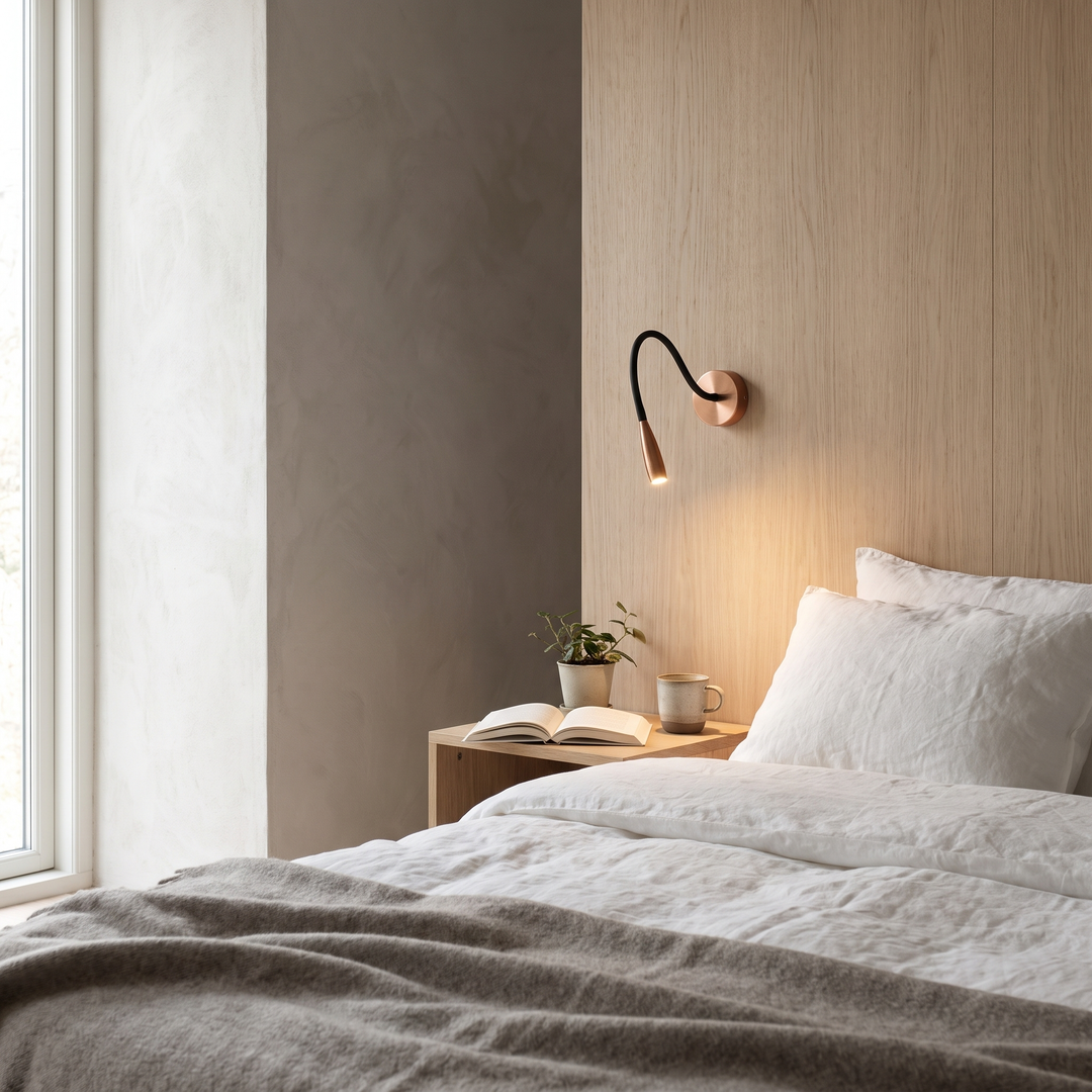 Thread slim copper LED wall sconce in a Scandinavian bedroom