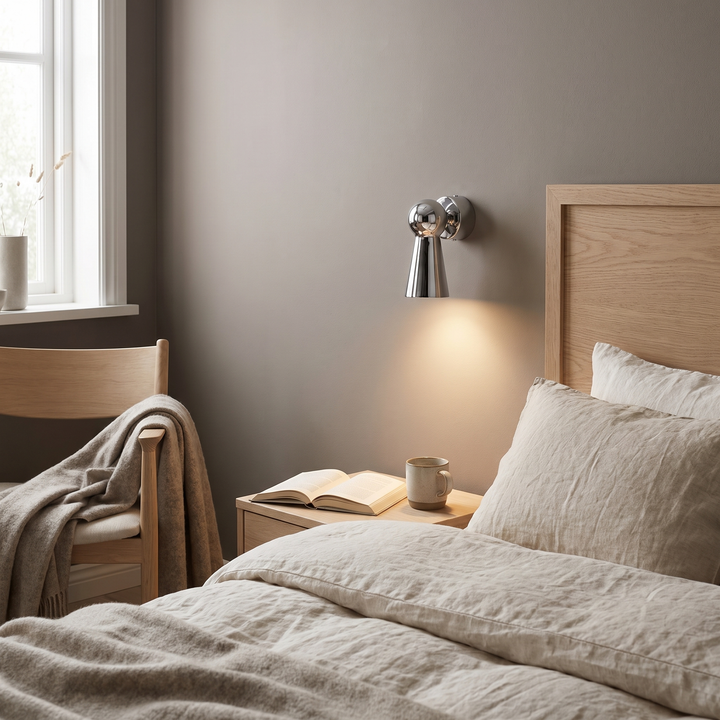 Lever chrome swing arm wall lamp in a Scandinavian interior
