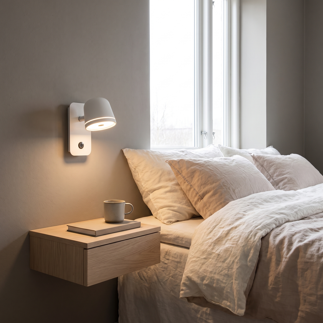 Tempo LED dimmable wall lamp in a Scandinavian bedroom
