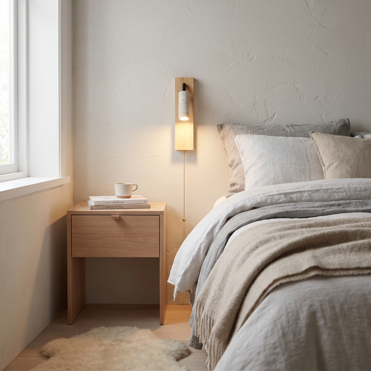 Basalt travertine LED reading sconce in a Scandinavian bedroom