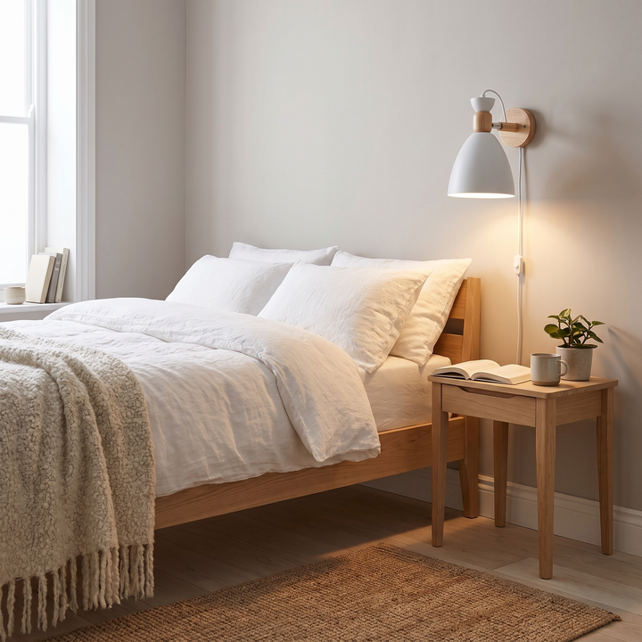 Nook adjustable plug-in wall sconce in a Scandinavian bedroom